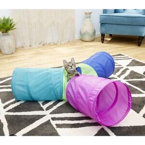 Colorful peek-a-boo foldable tri-tunnel cat toy